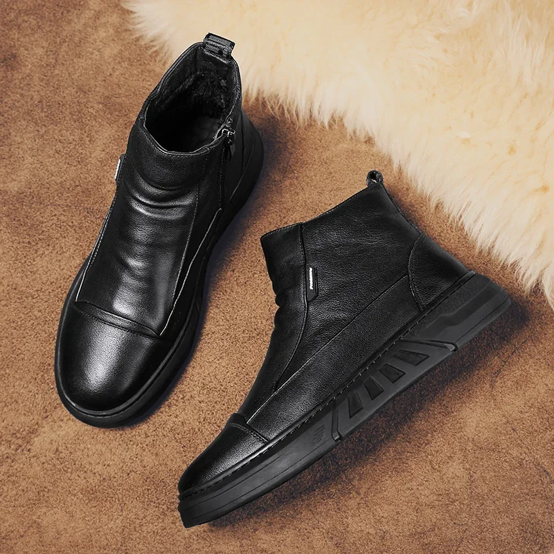 Leather Boots Man Full Black Men's Snow Boot Casual Ankle Mans Shoes Easy To Clean Trendy All-match Lightweight Mans Winter Shoe Outdoor Boots Men Leather Boots