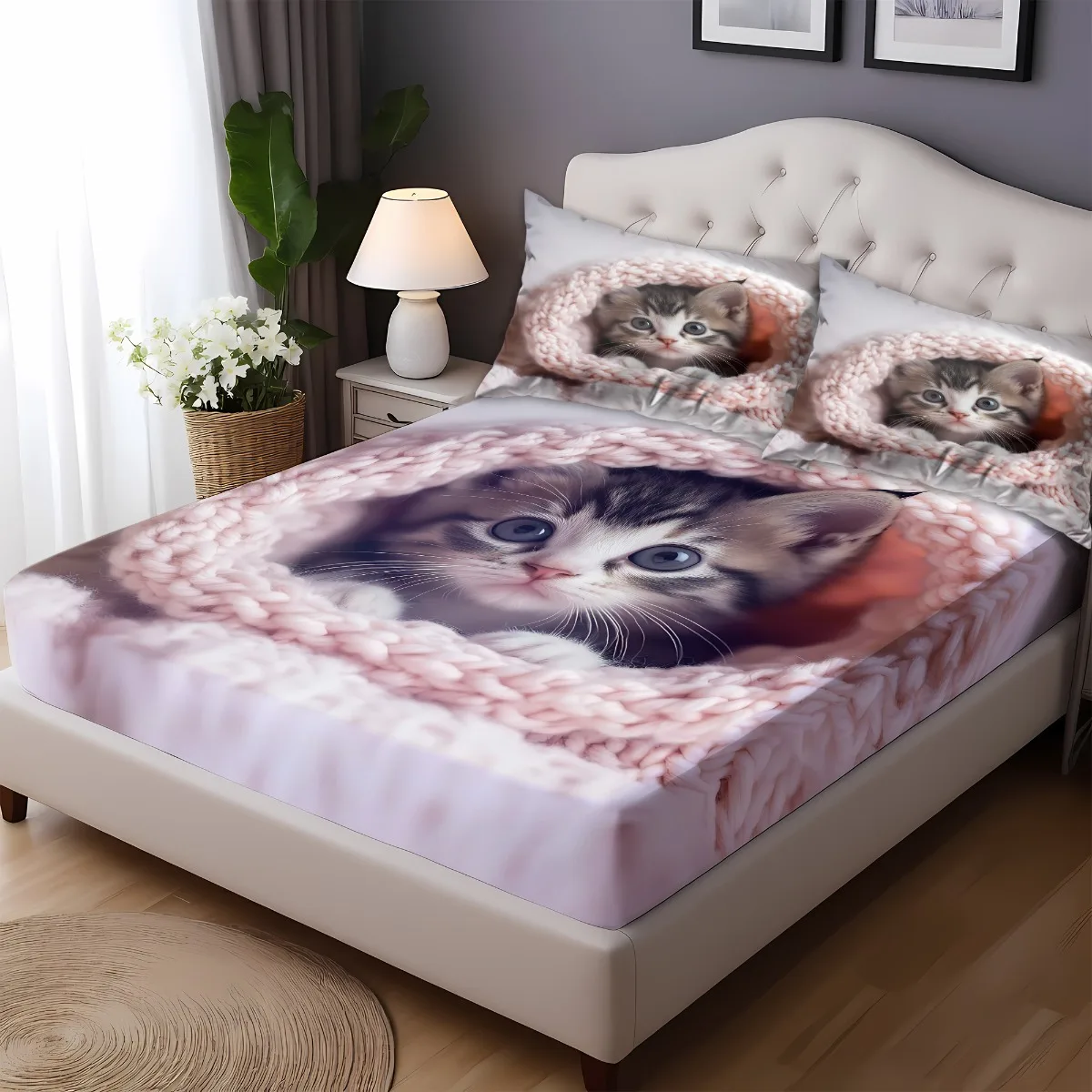 3pcs Cute Cat Bedding Set, Soft Fitted Sheet with 2 Pillowcases, Cozy Animal Lover Gift for Women, Twin&Full&Queen Size