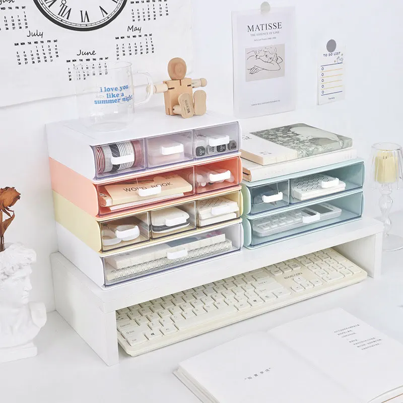 Kawaii Desk Organizer Drawer With Sticker Cute Plastic Clear Organizing Boxes Stationery Storage Box Container For Home School clear drawer organizers three tier lockers storage drawers plastic office container