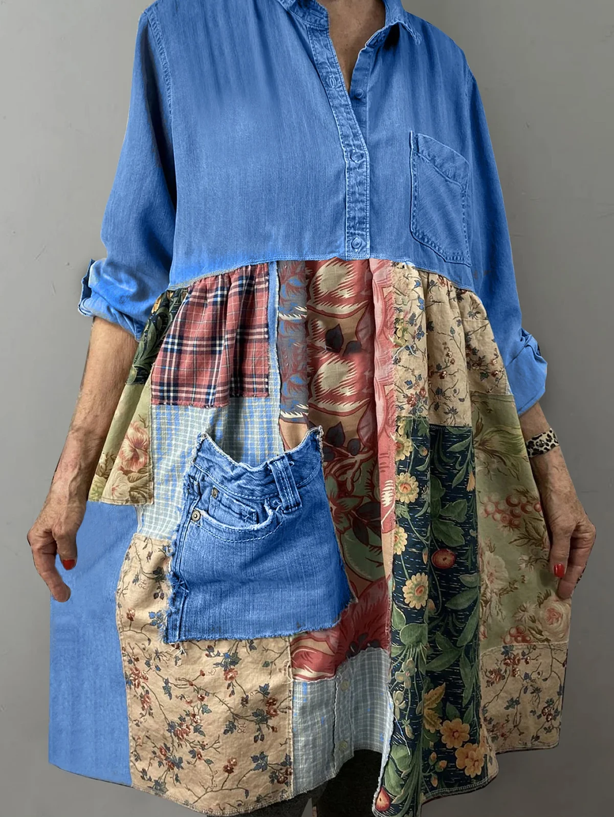 thumbnail image 1 of Vestido camisero de mezclilla de manga larga estilo bohemio con cuello vuelto y retazos para mujer, estilo midi, vestidos casuales de otoño, 1 of 4