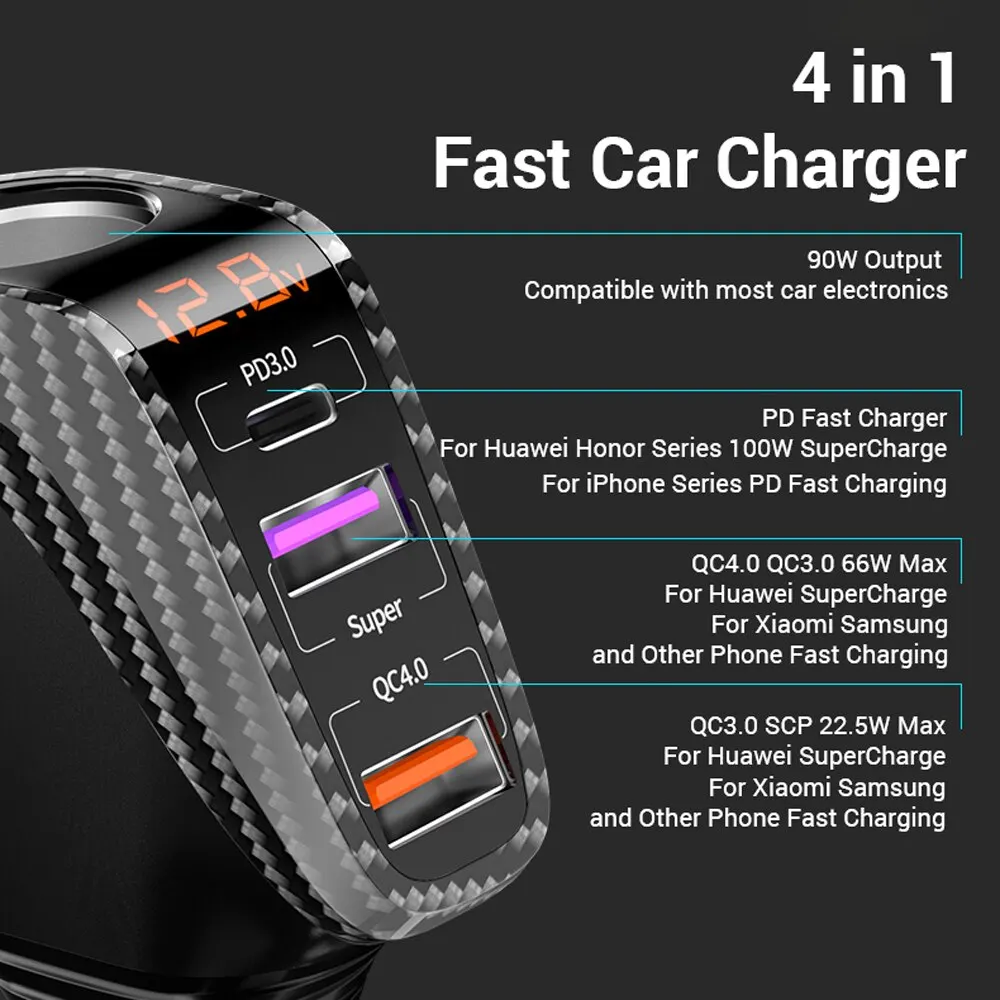 Car Charger Car Phone Charger ASOMETECH USB Car Charger 90W Cigarette Lighter Expansion Port PD SCP FCP Quick Charge For iPhone Samsung Huawei
