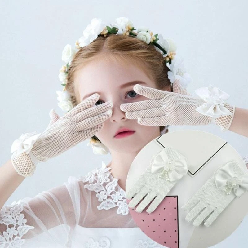 1 Pair Lace Girls' Formal Gloves Comfortable Nylon Fabric Mittens for Wedding Dresses and Special Occasion White/Black 4XBC