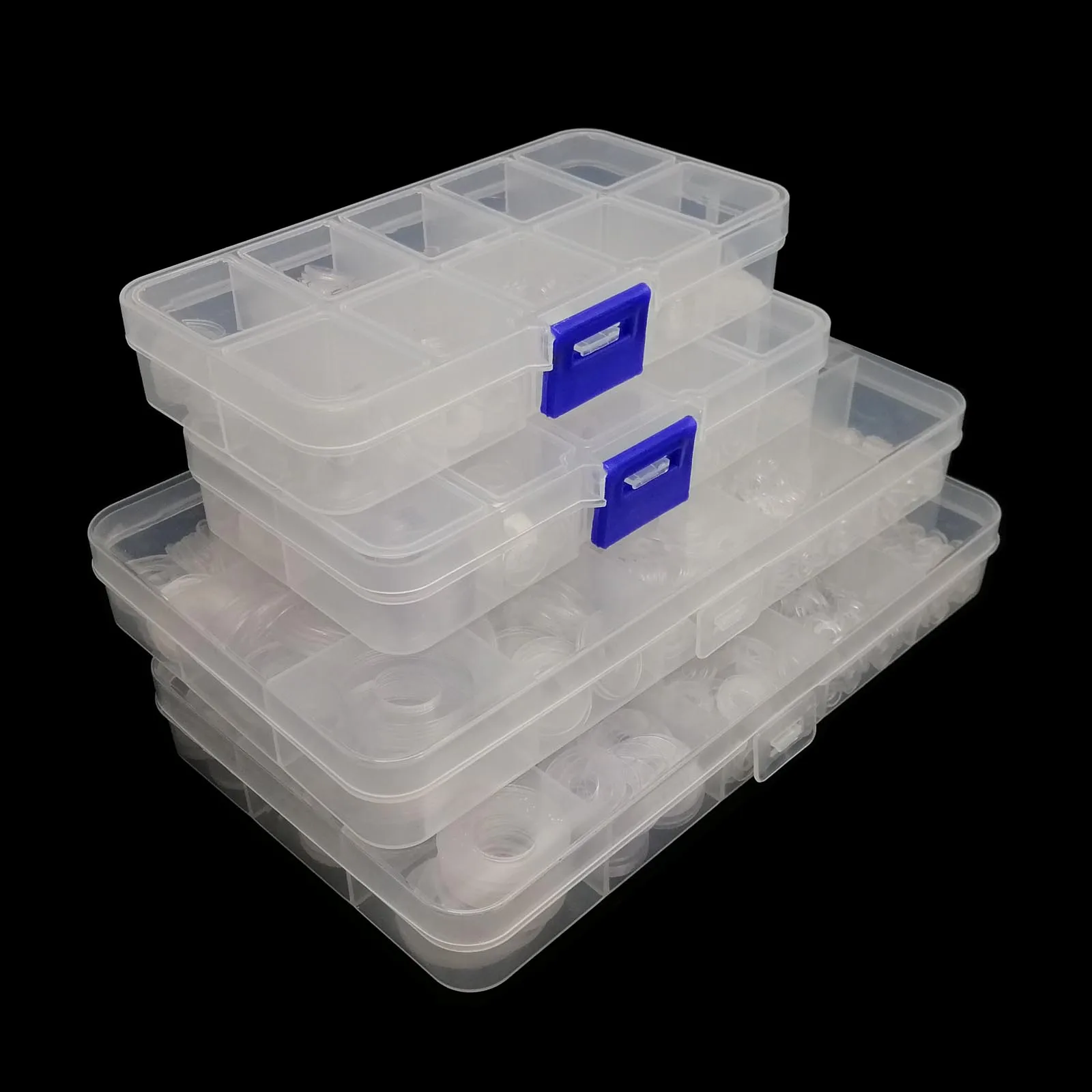 415/1085pcs M2 M2.5 M3 M4 M5 M6 M8 M10 M12 플라스틱 PVC 투명 투명 플랫 와셔 일반 스페이서 절연 가스켓 링 키트 상자