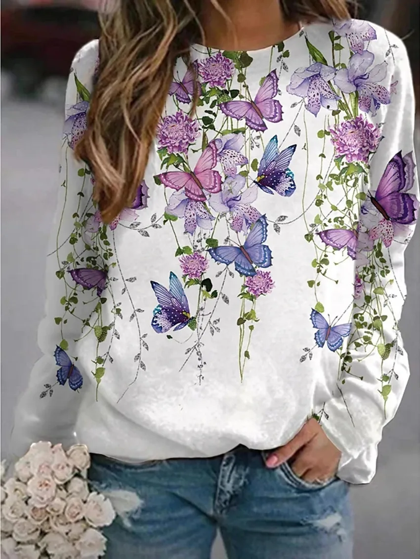 kyedae | Women's Cute Flower Leaf Bird Art Print Shirt