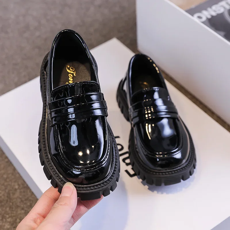 Kids Shoes Princess Shoes Spring Black Loafers Baby Boys School Shoes Metal Kids Fashion Casual PU Glossy Children Cute Mary Janes