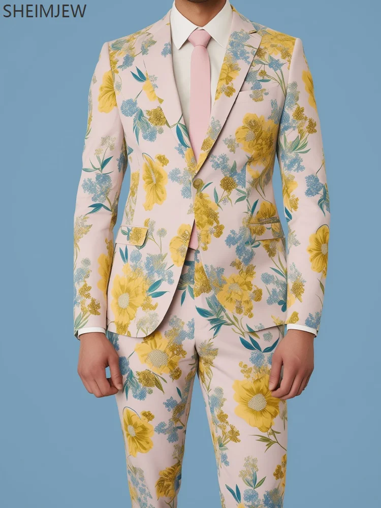Fashion Colorful Flower Slim Men Suit Plant 3d Printing Casual Wedding Valentine's Day Jacket Pants Party Performance Set