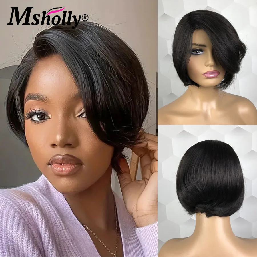 

Glueless Short Pixie Cut Wigs Human Hair For Women Machine Made Wig With Bangs Short Bob Cheap Natural Ready To Wear Remy Wigs