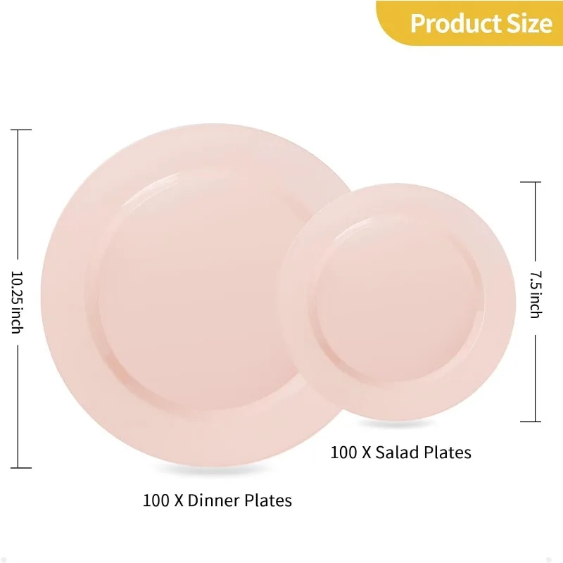 200PCS Disposable Pink Plastic Plates, Heavy Duty Disposable Plates with 100 10.25 inch Plastic Dinner Plates