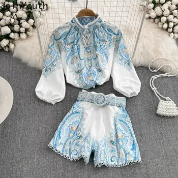 Korean 2 Piece Sets Women Clothes Stand Neck Single Breasted Shirt High Waist Wide Leg Pants Suit Vintage Floral Summer Outfits 1