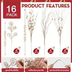 Sparkling Berry Bouquet Christmas Ornaments - Set of 8/16 Flower Decorations (Champagne Gold 16Pcs)