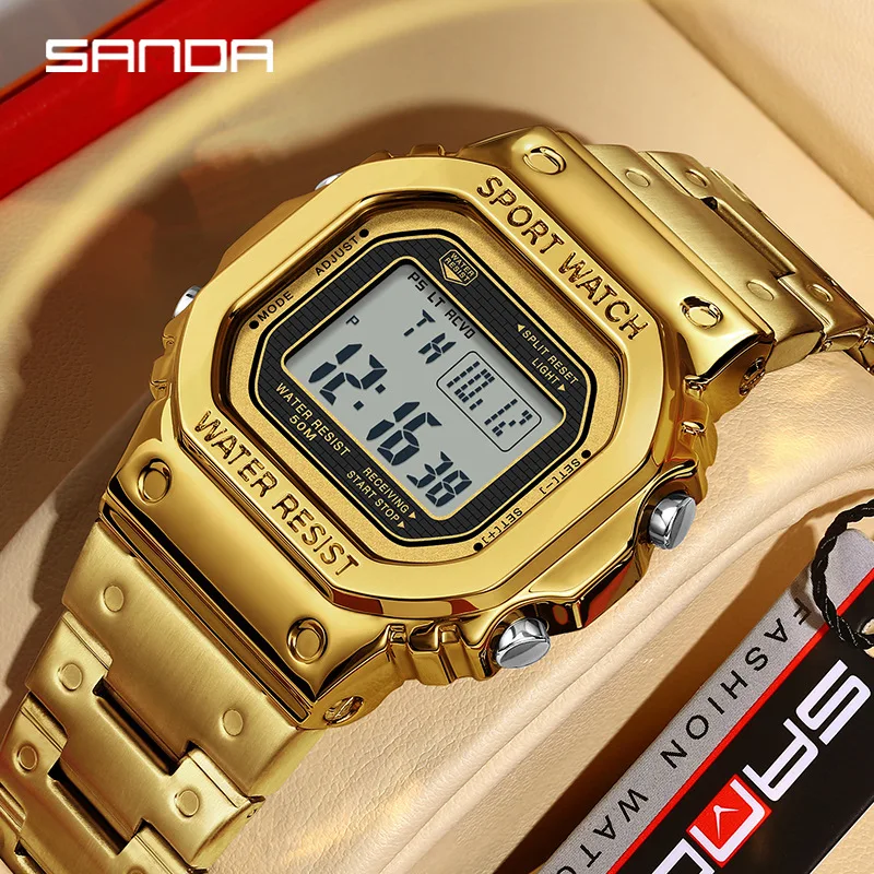 SANDA 2162 Men's Electronic Watch Square Waterproof Multi functional Wrist Watch Square Fashion Night Light Steel Digit Watches