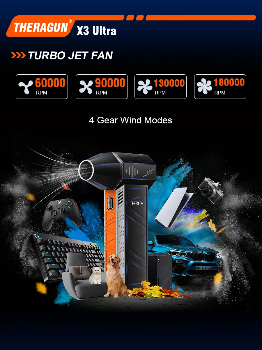 Mise à jour X3Ultra Mini Turbo ventilateur Jet plumeau électrique 4 vitesses réglable 180,000 tr/min vitesse du vent 58 m/s voiture/PC outils de nettoyage