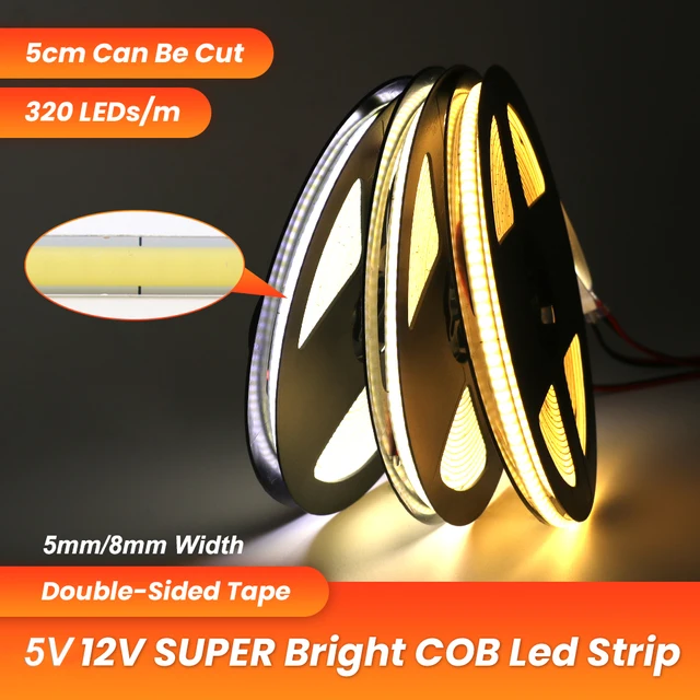 DC5V 12V COB LED Strip Light 5mm 8mm 320LEDs/m RA90 Adhesive