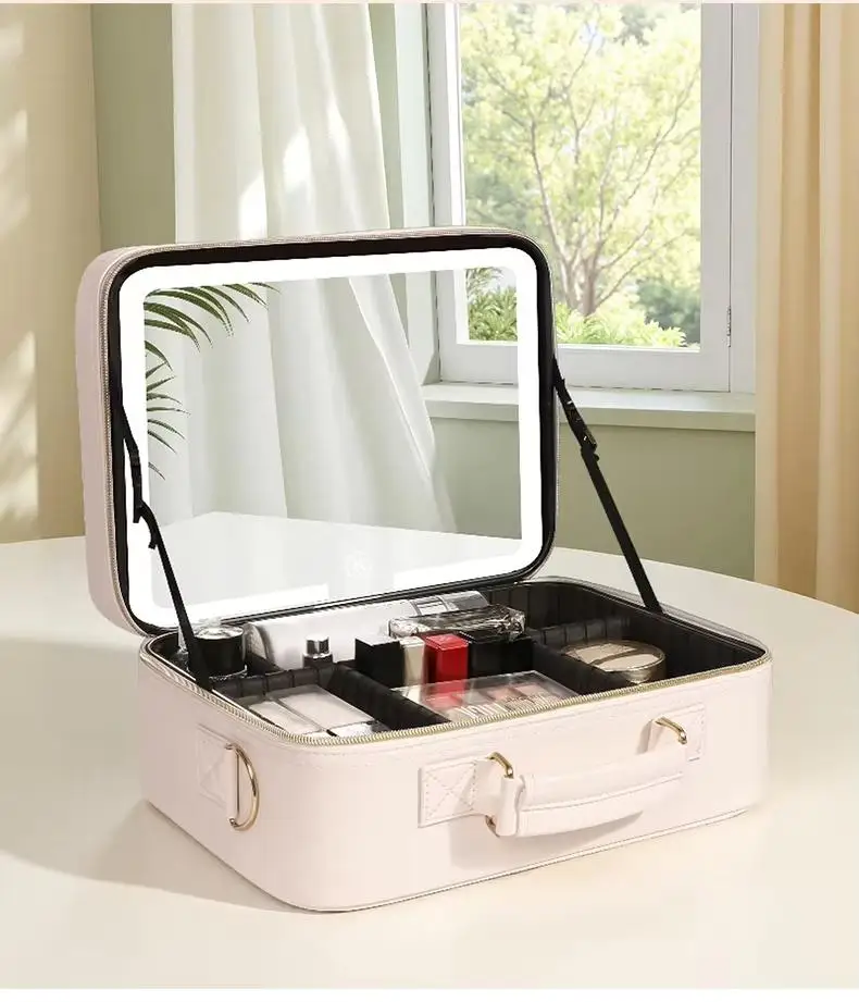 Large Portable Makeup Bag with LED Light and Mirror, Removable Partition, PVC — detail 8