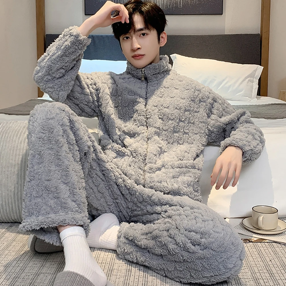 Winter Thicken Flannel Men's Pajamas Set Jacquard Plush Antistatic Warm Sleepwear Big Size Fashion Zipper Pajama for Sleeping