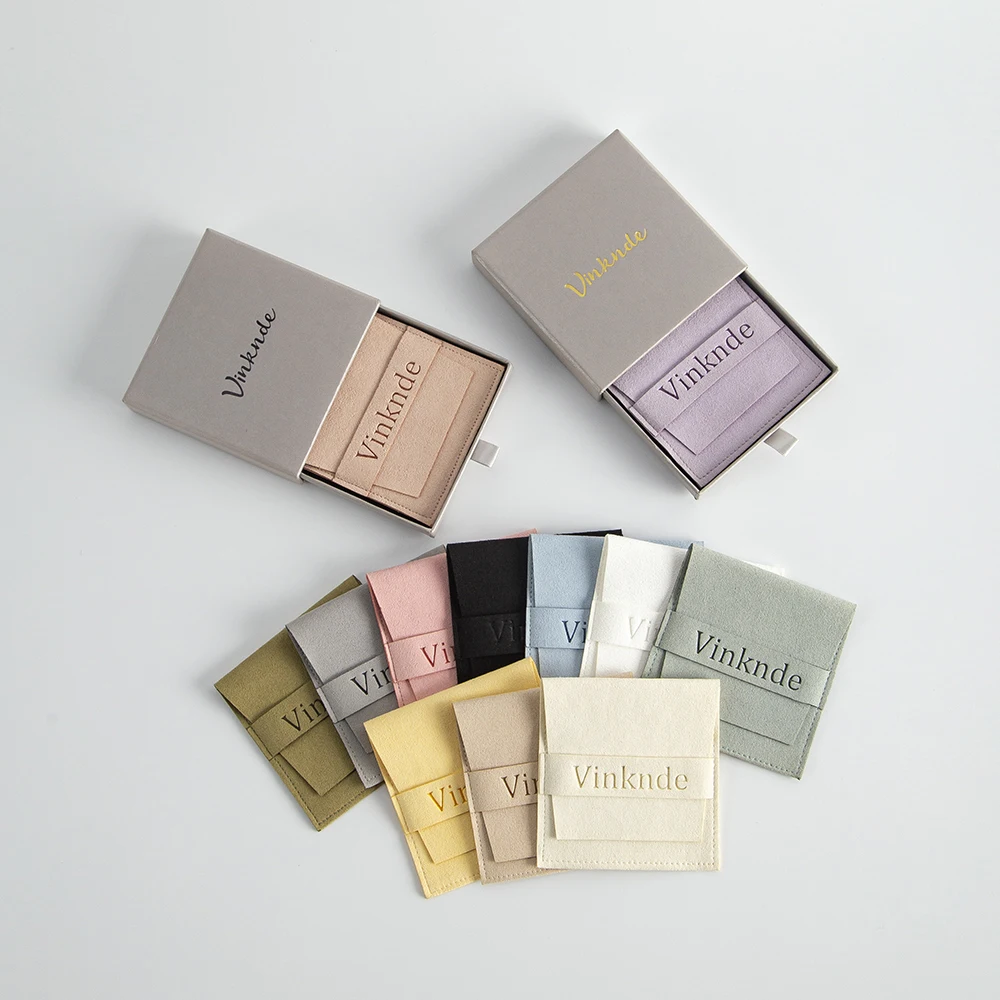 Custom Logo Bulk Box Pouches 7x7x1.7cm Grey Drawer Sliding Packag Box Suede Microfiber Jewelry Gift Dust Pouches Bags Paper Case