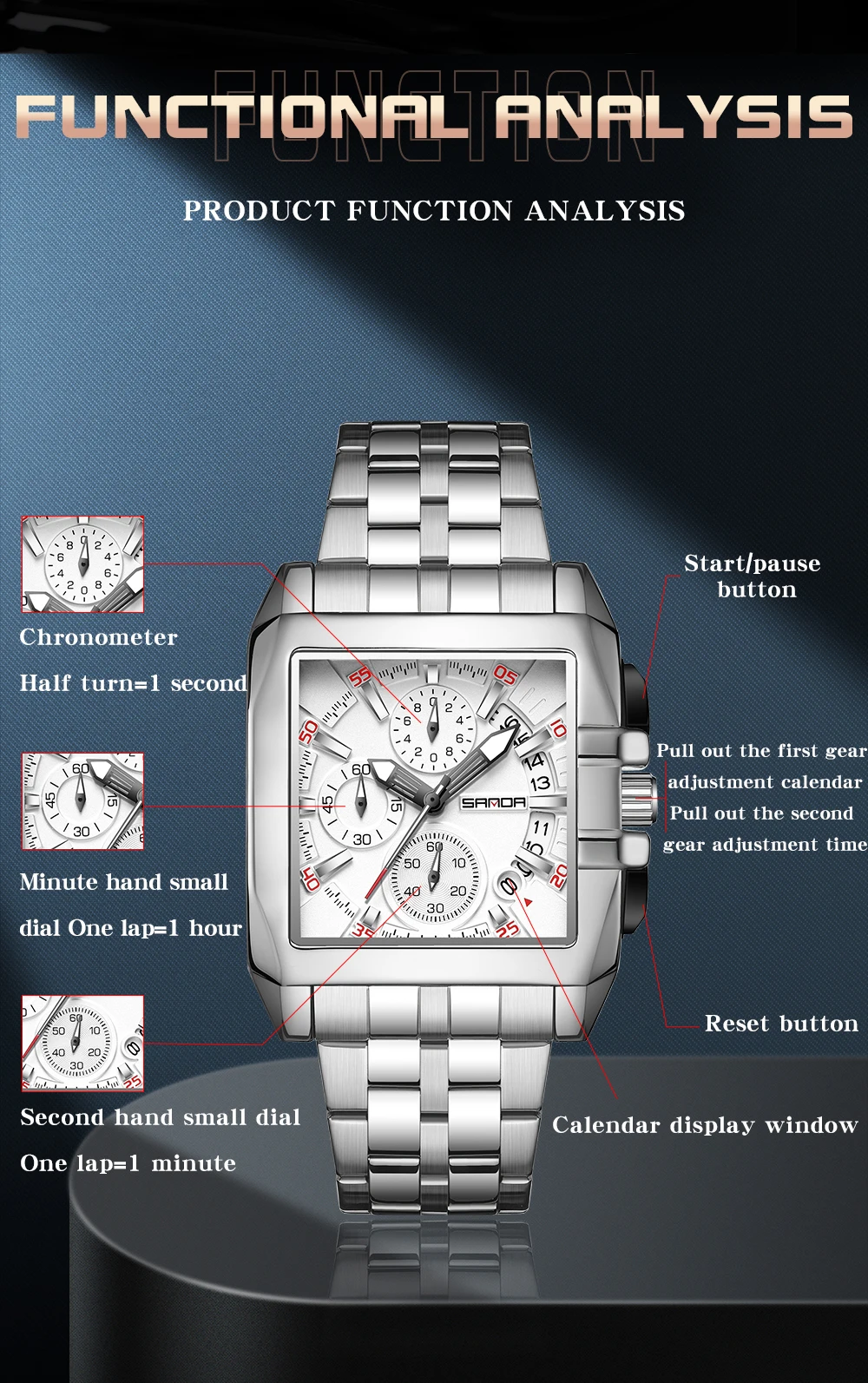 SANDA New Quartz Men's Watch with Three Eyes and Six Needles Fashion Trend Band Calendar Men's Steel Band Square Wristwatch 5302