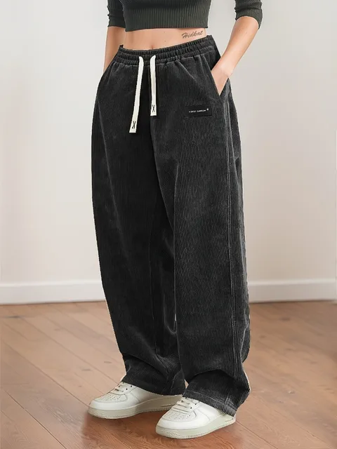 Women's Corduroy Pants Texture Straight-Leg Trousers with Drawstring Waist & White Piping - All-Season Casual to Semi-Formal