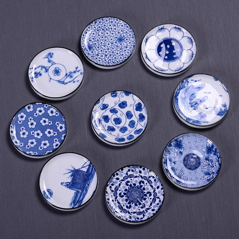 Ceramic Tea Cup Mat Anti-scalding Retro Handmade Blue and White Porcelain Saucer Household Kung Fu Tea Coaster Teacup Pad tea cup mat