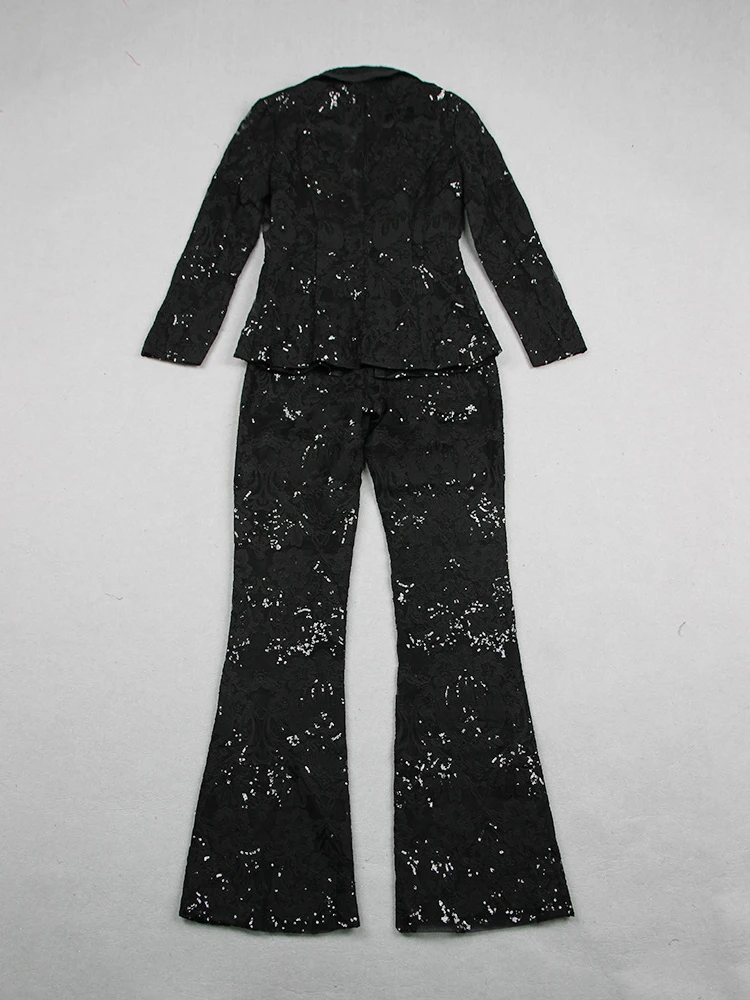 HIGH STREET Newest 2024 Designer Runway Suit Set Women's Single Button Guipure Lace Blazer  Flare Pants Set 4