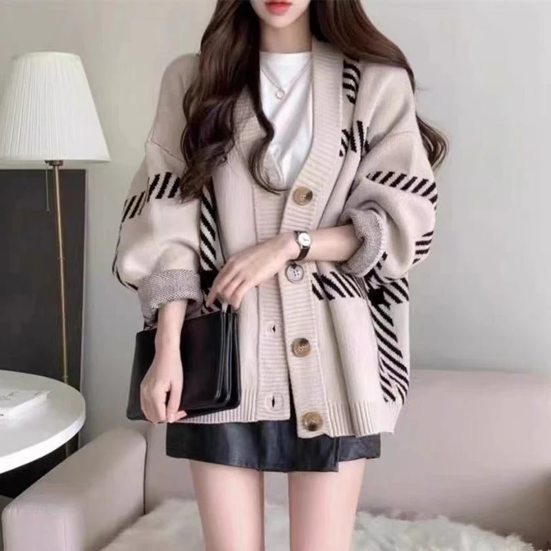 New Black Striped Knitted Cardigan Women's Spring and Autumn Fashion Loose Lazy Style Simple Versatile Sweater Jacket