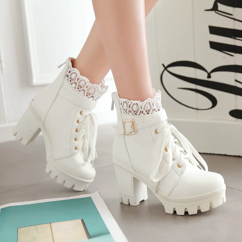 

Women's Motorcycle Boots Leather Winter Ladies Boot Stylish Lady Lace Ankle Shoes High Heel Platforms Sexy Botas Buckle