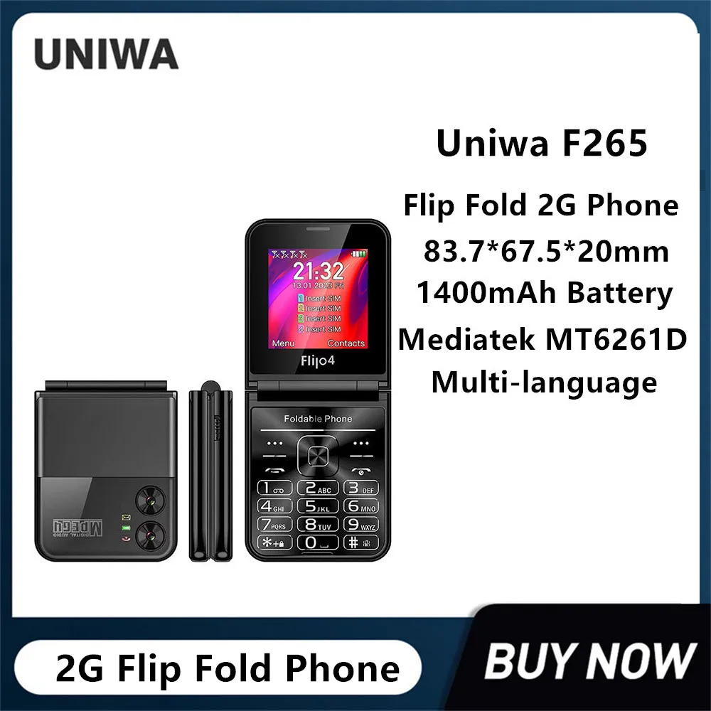 Uniwa F265 Fold Flip Feature Phone Pulsante A Doppio Schermo 2G Telefono Cellulare Per Anziani 2.55 Pollici 1400Mah Batteria Tastiera Inglese
