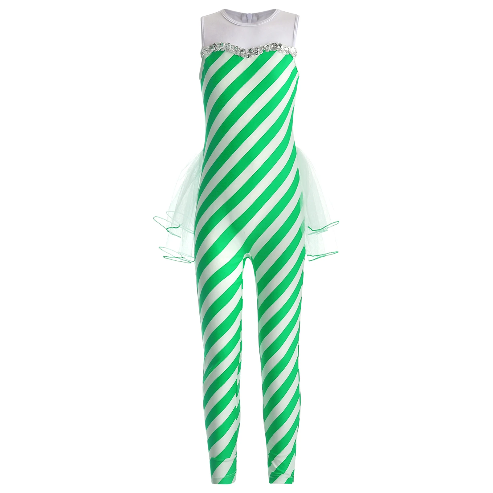 

Kids Girls Christmas Dance Costume Candy Cane Jumpsuit Long Sleeve Stripes Ballet Skating Bodysuit Party Performance Dancewear