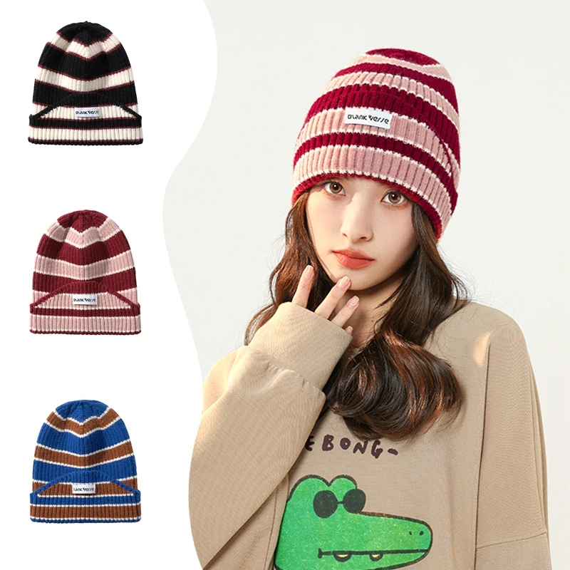 

New Fashion Beanie Cap Thicken Sheep Knitting Women Hat Men Stripe Blue Wool Pullover Caps Outdoor Warm Winter Hats