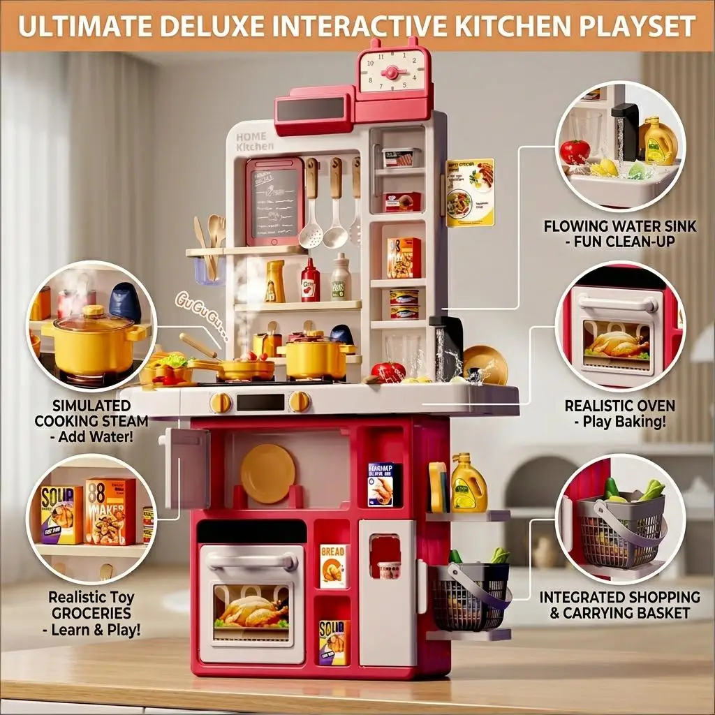 Kids Kitchen Playset 70PCS with Sound & Light, Steam Stove & Play Sink, Toy Kitchen Set for Kids Boys Girls, Toddler Kitchen Playset, Play Kitchen for Toddlers 1-3