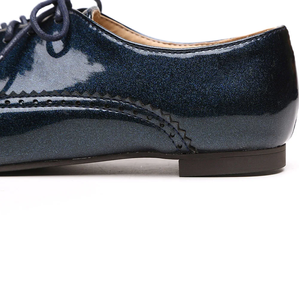 Fashion Women Glossy Oxfords Black Blue White Female Brogue Shoes Low Heels ASP51-5 Plus Big Size 32 43 10