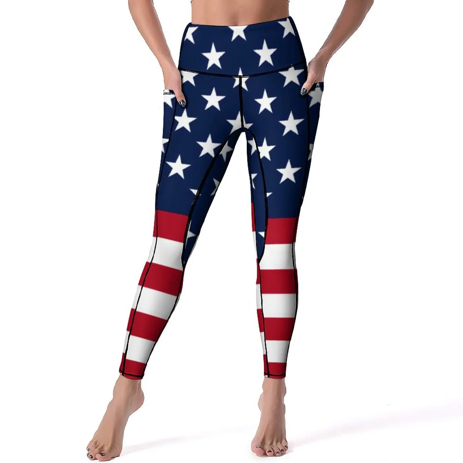 

Red And White Striped Leggings Stars Spangled USA Flag Workout Yoga Pants High Waist Cute Sport Pants Elastic Yoga Legging