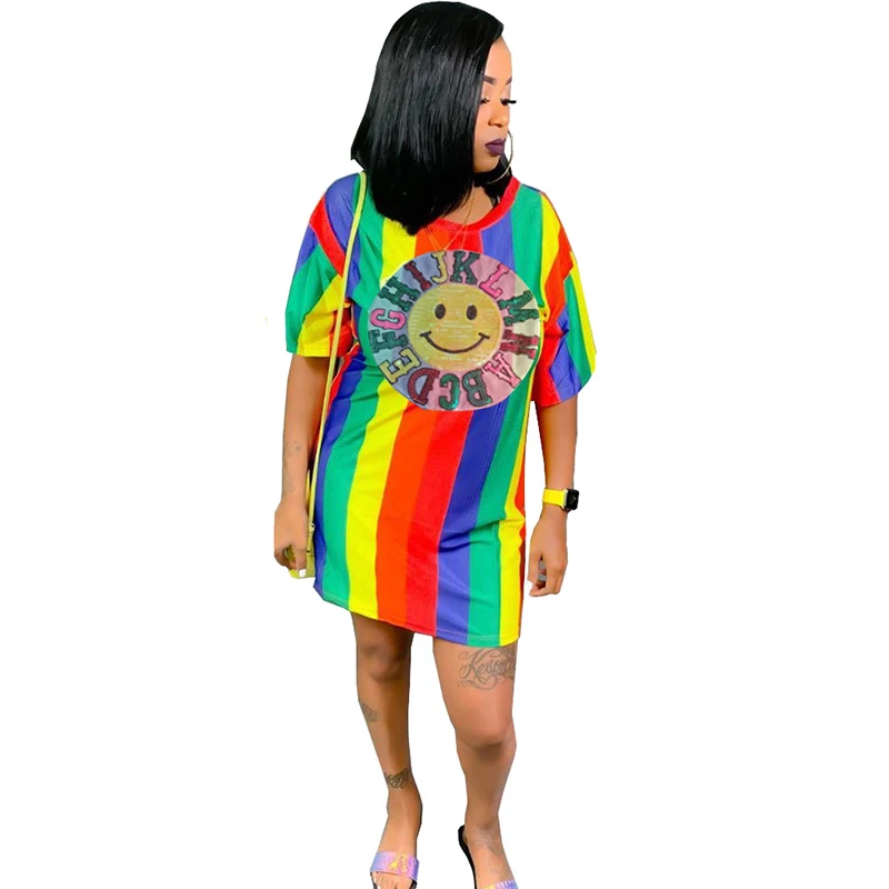 

African T Shirt Dress Women Short Sleeve O Neck Ropa Mujer Summer New Colors Striped Print Streetwear Casual African Dress 2023