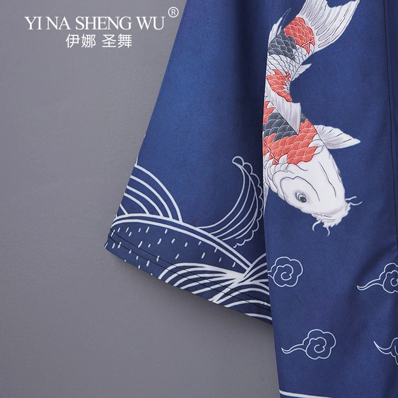 Summer Casual Kimono Cardigan Koi Wave Print Traditional Haori Japanese Style Kimono Women Men Unisex Yukata Blue Coat