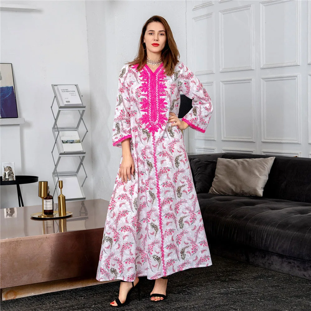 

Eid Mubarak Dubai Floral Print Elegant Women Abaya Loose Maxi Dress Turkey Arab Kaftan Islamic Robe Morocco Jalabiya Caftan Gown