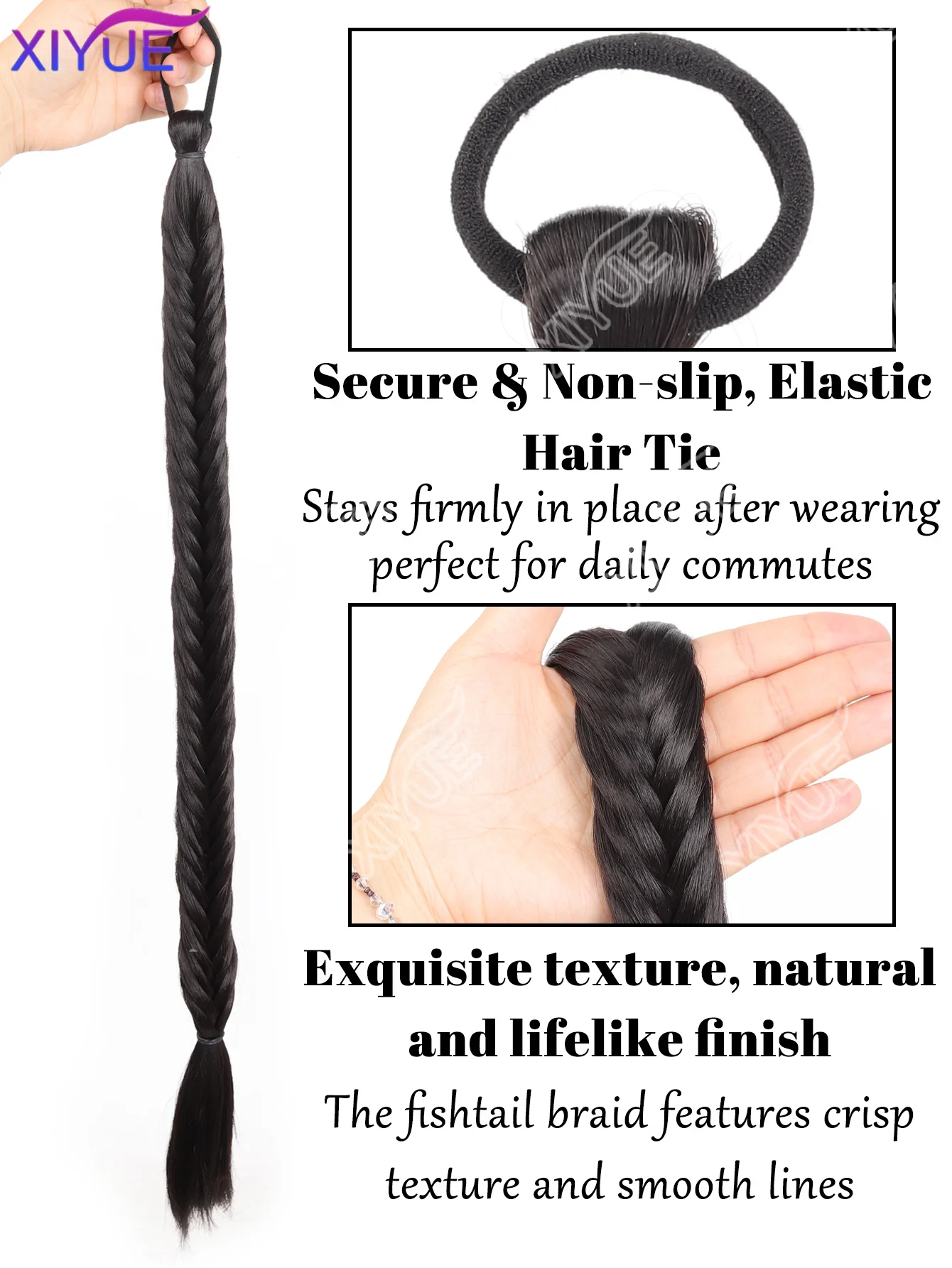 XIYUE 합성 고무 밴드 피쉬테일 브레이드 포니테일 24인치 길이의 땋은 머리 포니테일 헤어피스(헤어 익스텐션)