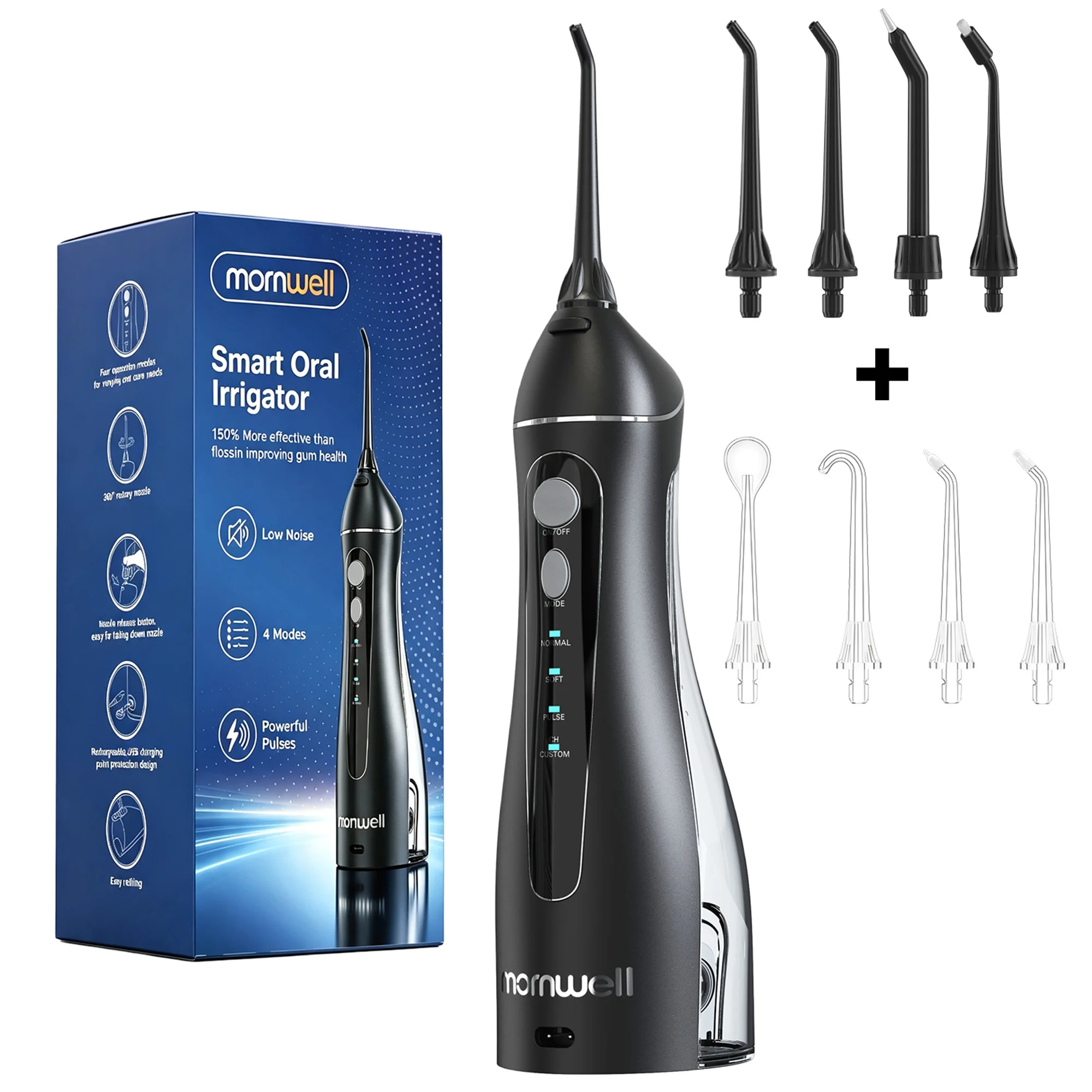 Mornwell Portable USB Rechargeable Water Flosser with 4 Nozzles and 200ml Tank - Waterproof Oral Irrigator