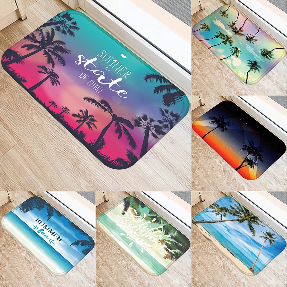 

Summer Ocean Tropical Sunset Coconut Tree Pattern Floor Mat Kitchen Bathroom Entrance Decoration Velvet Carpet Door