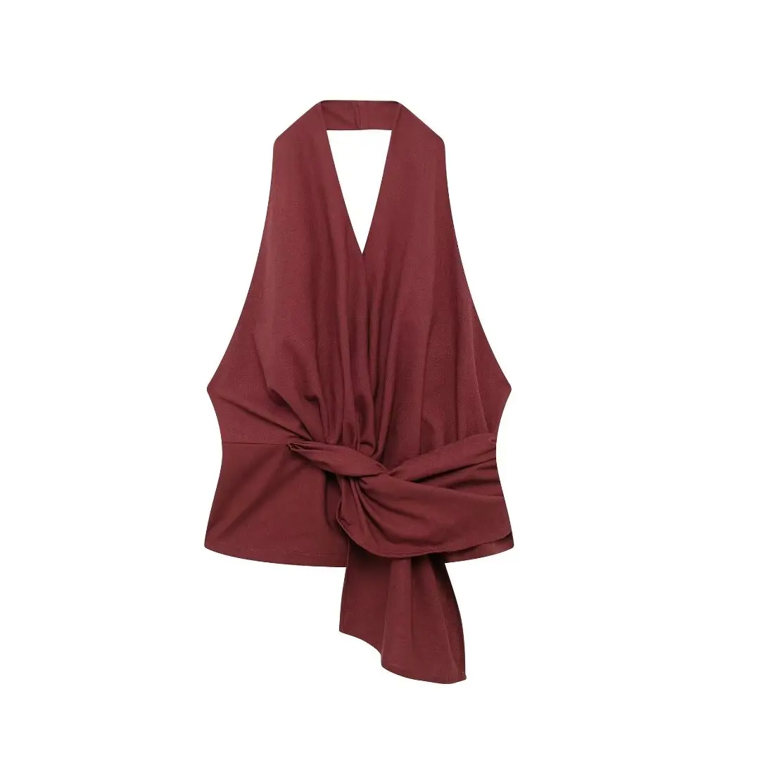 thumbnail image 1 of HH TRAF 2024 Conjuntos femeninos con escote en V, sin mangas, espalda descubierta, cremallera, blusa + cintura elástica, pantalones anchos con cordones, traje de verano para mujer a la moda, 1 of 5