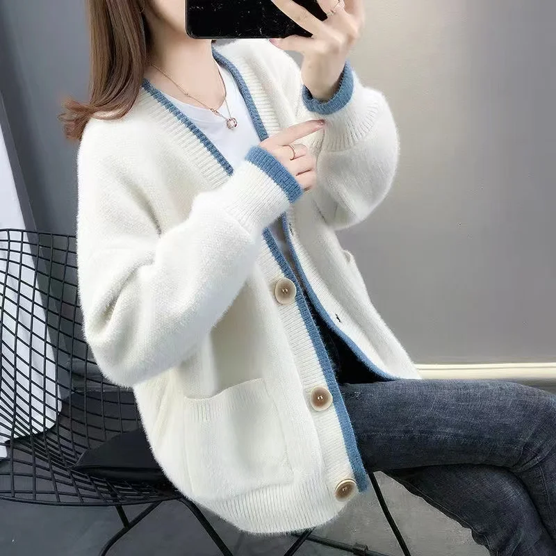 

Женский плотный флисовый свитер, осенне-зимний однобортный Свободный вязаный кардиган с V-образным вырезом и карманами, 2022