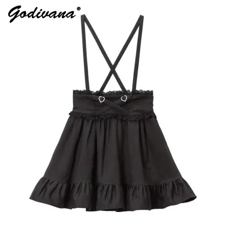 Japanese Mine-Style Corset Black Suspender Skirt Women Spring Summer Loose Slimming Harajuku Pleated Skirt Lolita Long Skirts black suspender dress for women in spring and summer with off shoulder pleated wrap buttocks a line short dress