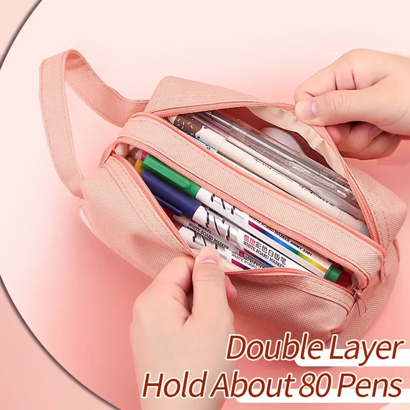 Large Capacity Pencil Cases Double Layer Simple Canvas Bags for Girls Back to School School Office Supplies Stationery - 3