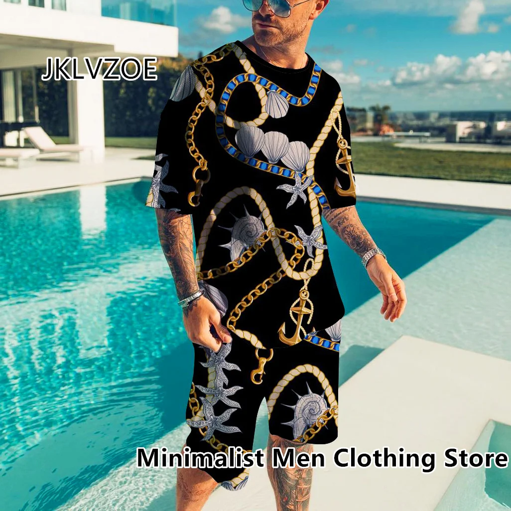 Men’s Set Luxury 3D Tracksuit Summer Vintage Gold High-End Print TShirt Shorts Suit 2 Piece Outfit Street Men Oversized Clothing