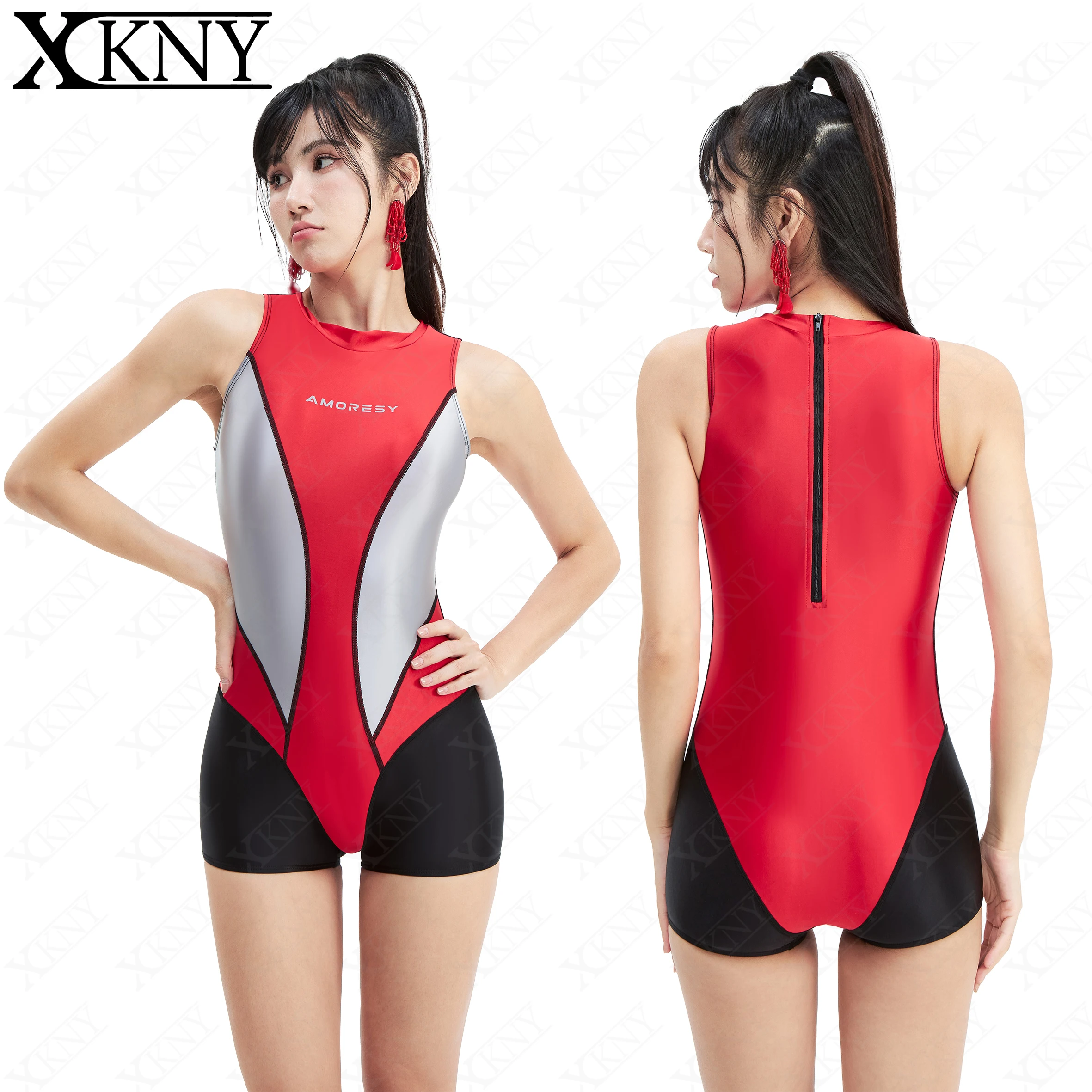 

XCKNY satin glossy One-piece swimsuit color matching tights Silky casual running Yoga Anime color matching swimsuit