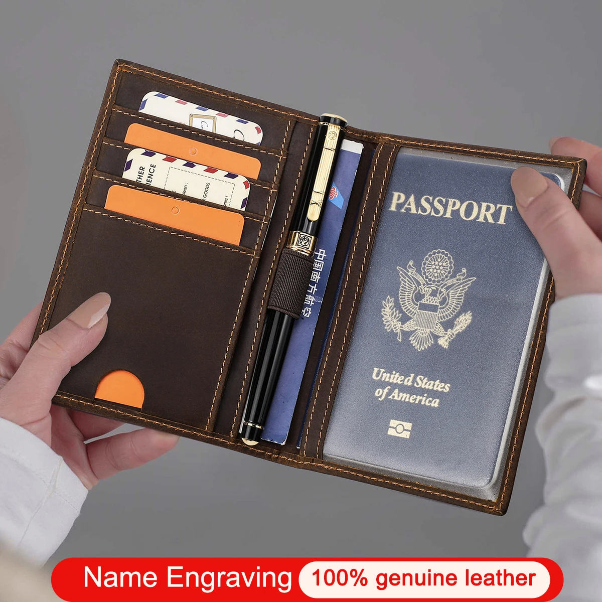Portafogli per passaporto da uomo in vera pelle Porta carte Porta passaporto Slot per penna Custodia per passaporto Nome inciso Portafoglio da viaggio maschile Borsa da uomo - immagine 2