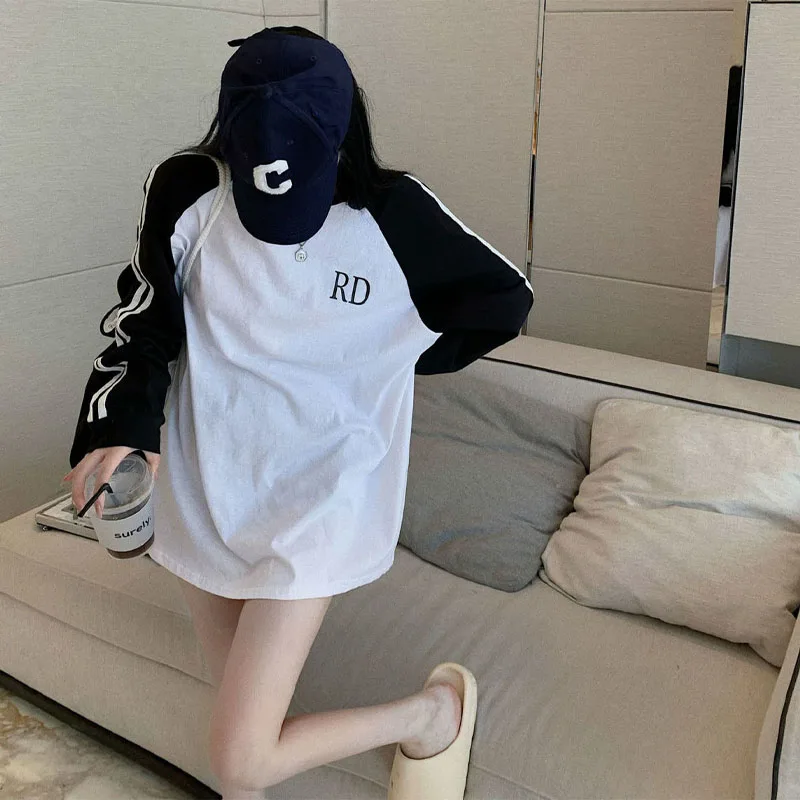 Korean Casual Women's Striped Spliced O-neck T-shirt