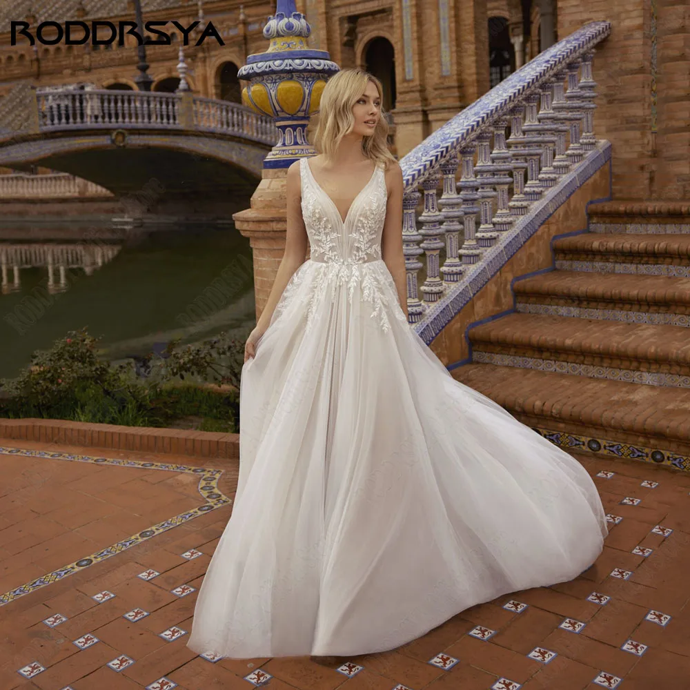 

RODDRSYA Boho Sleeveless Lace Wedding Gowns For Bride A-Line Double V-Neck Robe De Mariée Applique Custom Made Bridal Dress