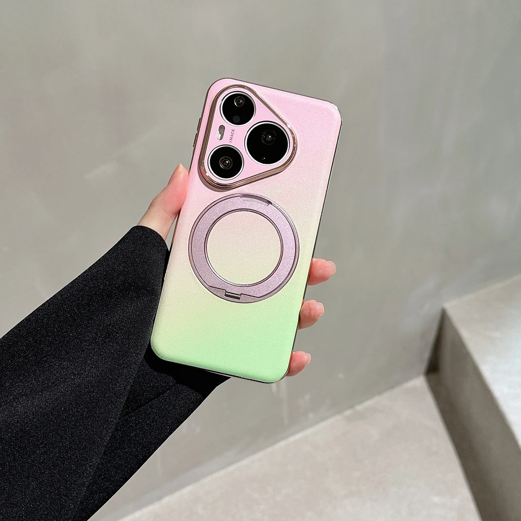 Luxury Gradient Faux Leather Phone Case with Electroplated Border and 360° Rotatable Stand