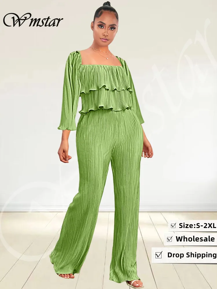 Wmstar Two Piece Set Tracksuit Women Loose Ribbing Solid Casual Ruffles