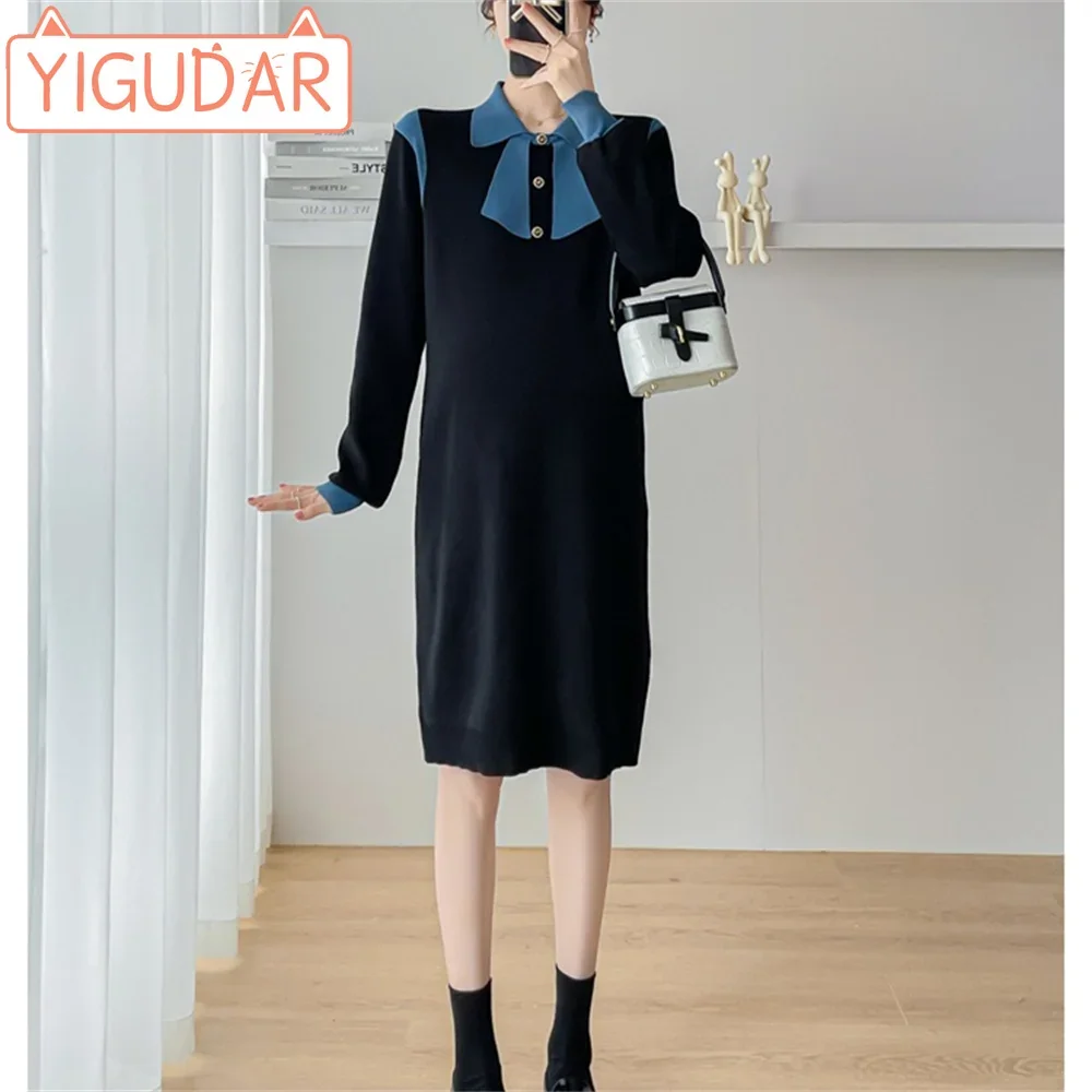 

Autumn and Winter New Pregnant Women's Wear Knitted Spliced Guards Dress Loose and Fashionable Mid length Pregnant Women's Dress